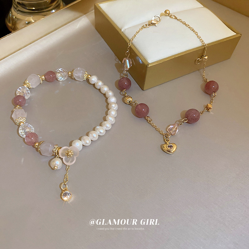 Xiaohongshu Same Style Strawberry Quartz Crystal Heart Bracelet Korean Fashion Ins Temperament Bracelet Girlfriends Bracelet Wholesale