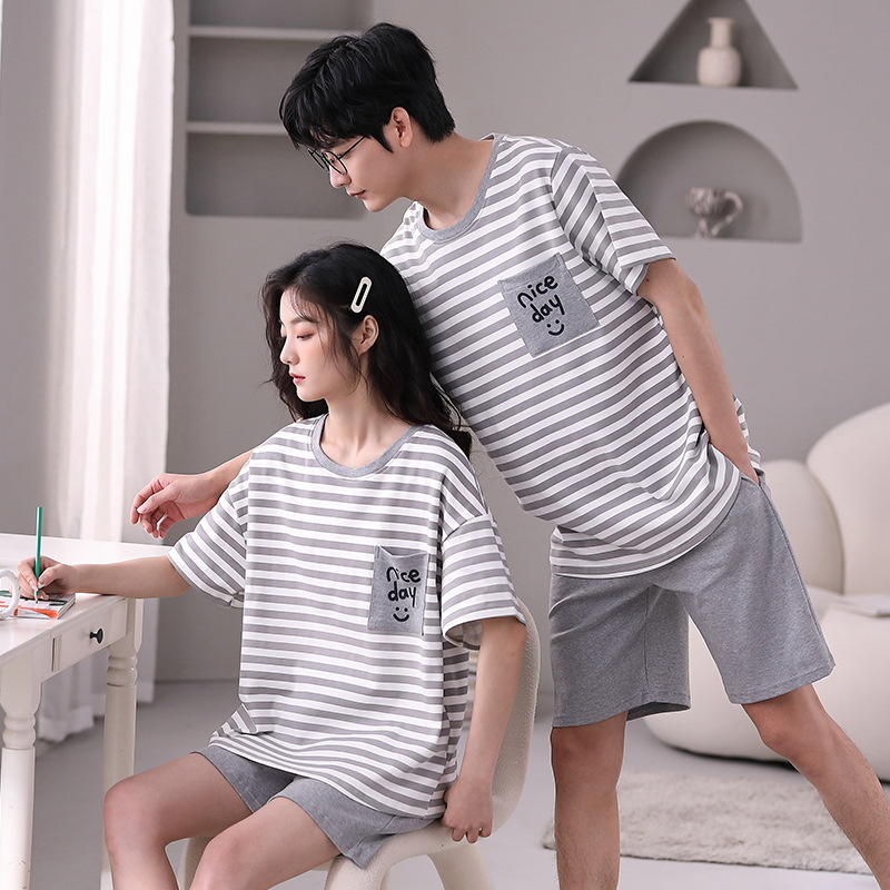 Summer Couple Pajamas Women's Summer Cotton Summer Short-Sleeved Shirt and Shorts Men's Cartoon New Homewear Suit Women's Non-Printed