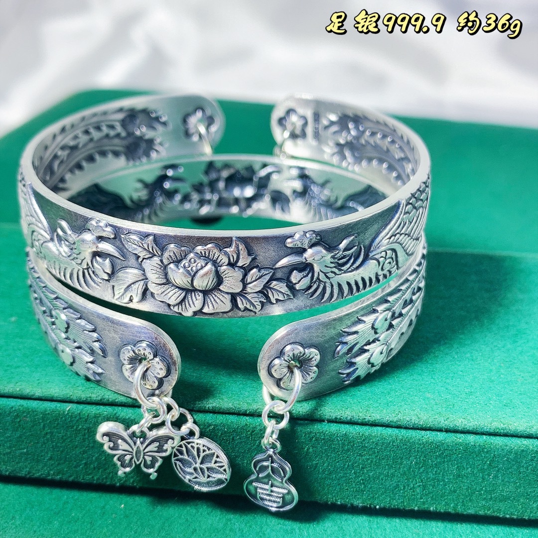 纯银手镯足银9999凤凰牡丹鲤鱼复古浮雕银镯子送长辈银饰银手镯女