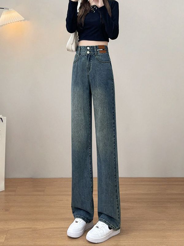 Retro Double Breasted Jeans for Women 2023 Autumn and Winter New Straight Loose High Waist Slimming Mopping Floor Denim Pants