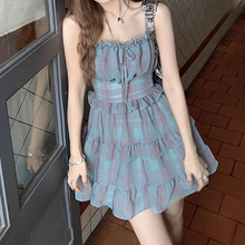 新宿辣妹 格纹吊带短款连衣裙高腰显瘦设计感时髦复古风女装2023