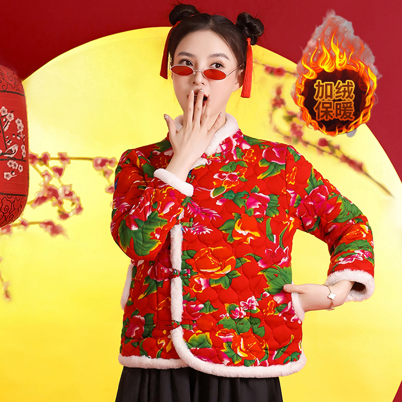 东北大棉袄大花袄冬季民族风短款改良唐装棉衣棉服棉麻夹棉外套女