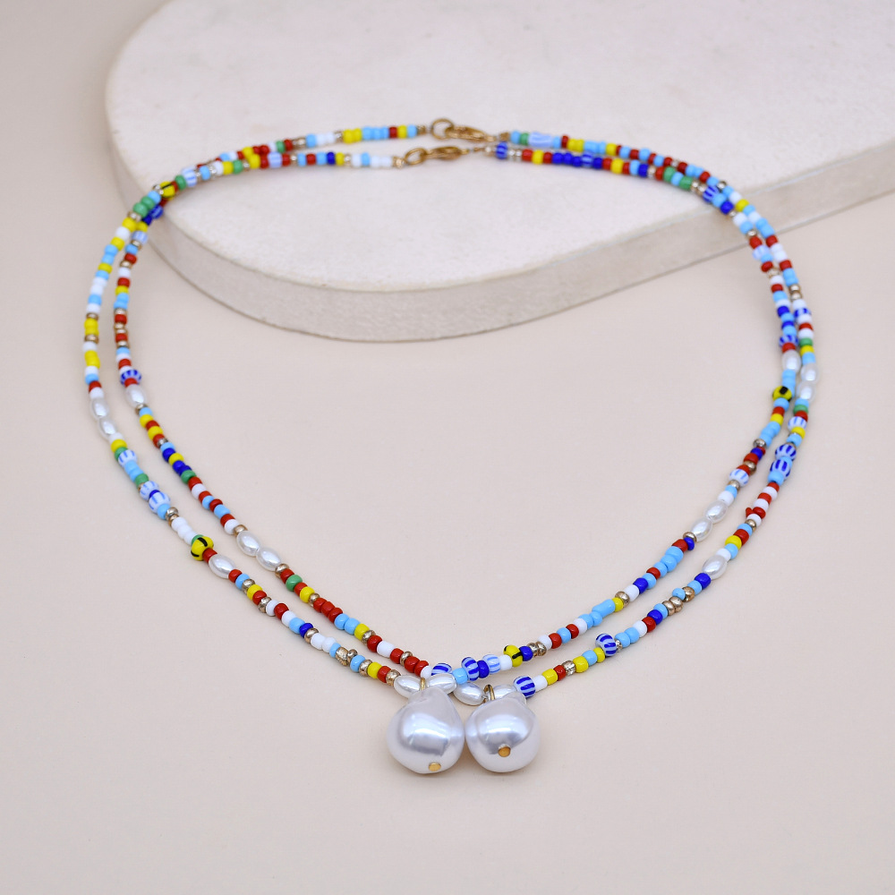 Cross-Border Sold Jewelry European and American Style Shaped Pearl Letter Collarbone Necklace Multi-Layer Combination Twin Color Small Rice-Shaped Beads Necklace for Women