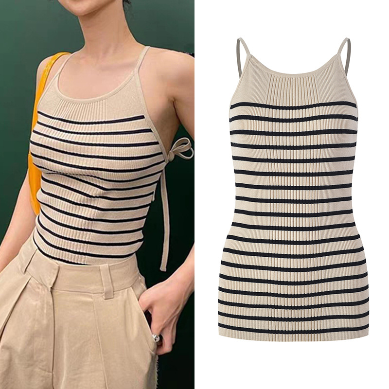 韩国小众设计感内搭针织小背心女挂脖显瘦上衣绑带条纹针织吊带衫