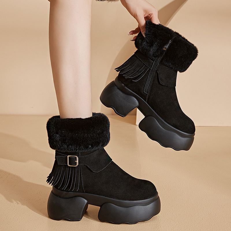 rabbit fur thick bottom mulberry snow boots for women 2024 winter new short fleece-lined thickened mid-calf tassel cotton boots women