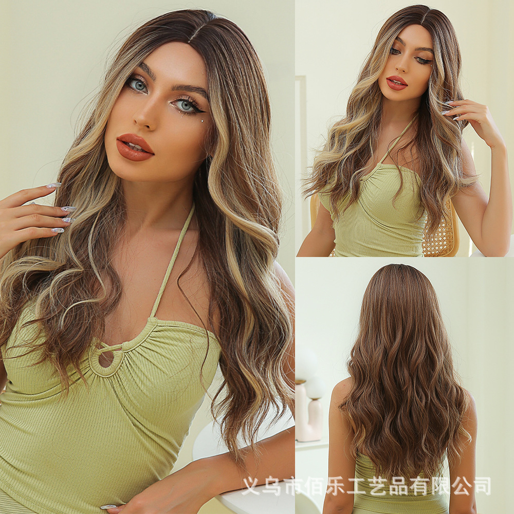 欧美假发中分棕色挑染大波浪长卷发全头套厂家跨境批发wigs-阿里巴巴