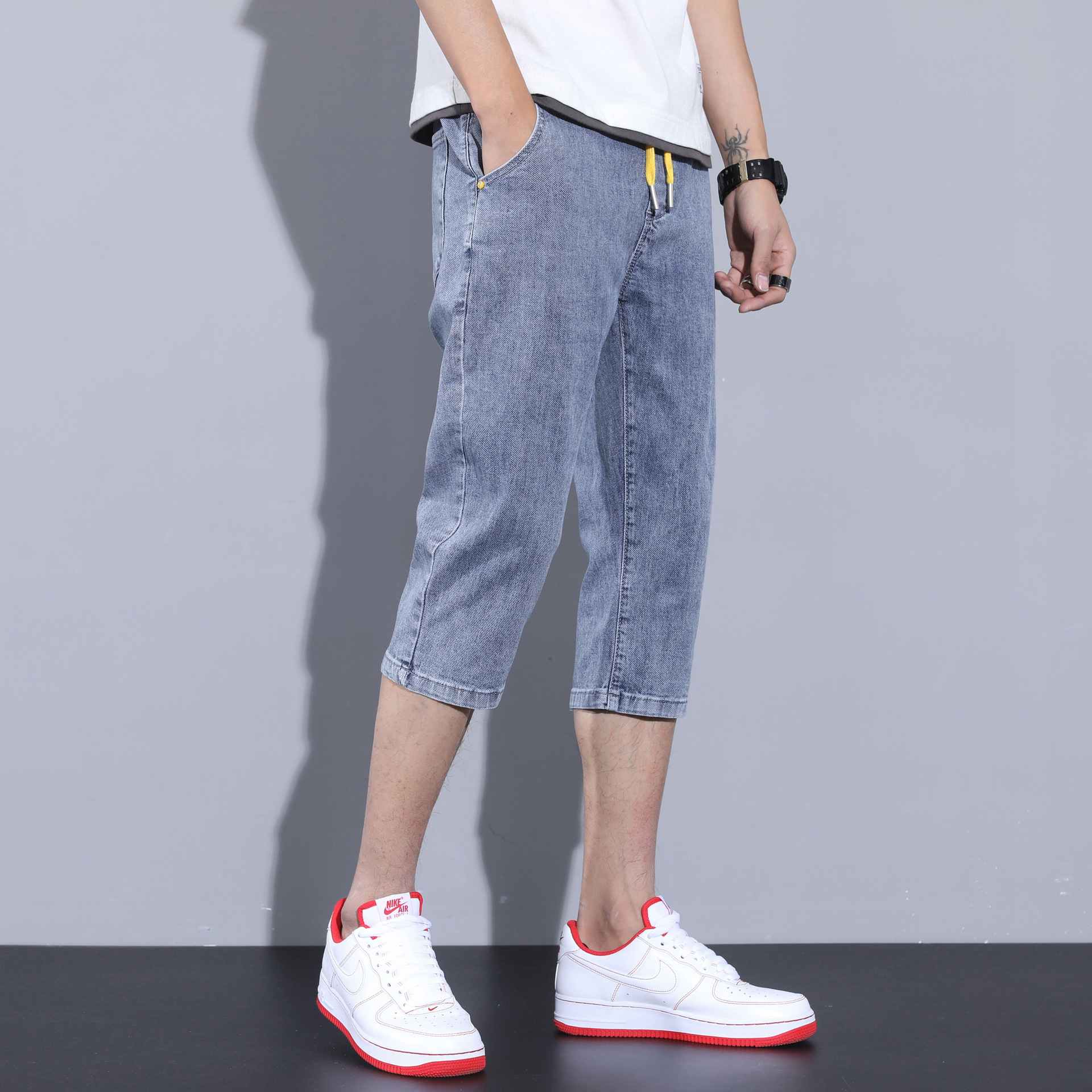 夏季牛仔七分裤男宽松直筒潮牌松紧腰短裤大码百搭7分裤潮薄