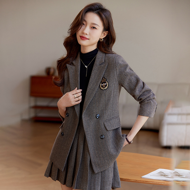 学院风西装外套女春秋气质英伦风高级感毛呢西服百褶裙套装小个子