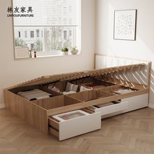现代简约实木床板侧开气压床高箱储物床榻榻米床省空间板式双人床