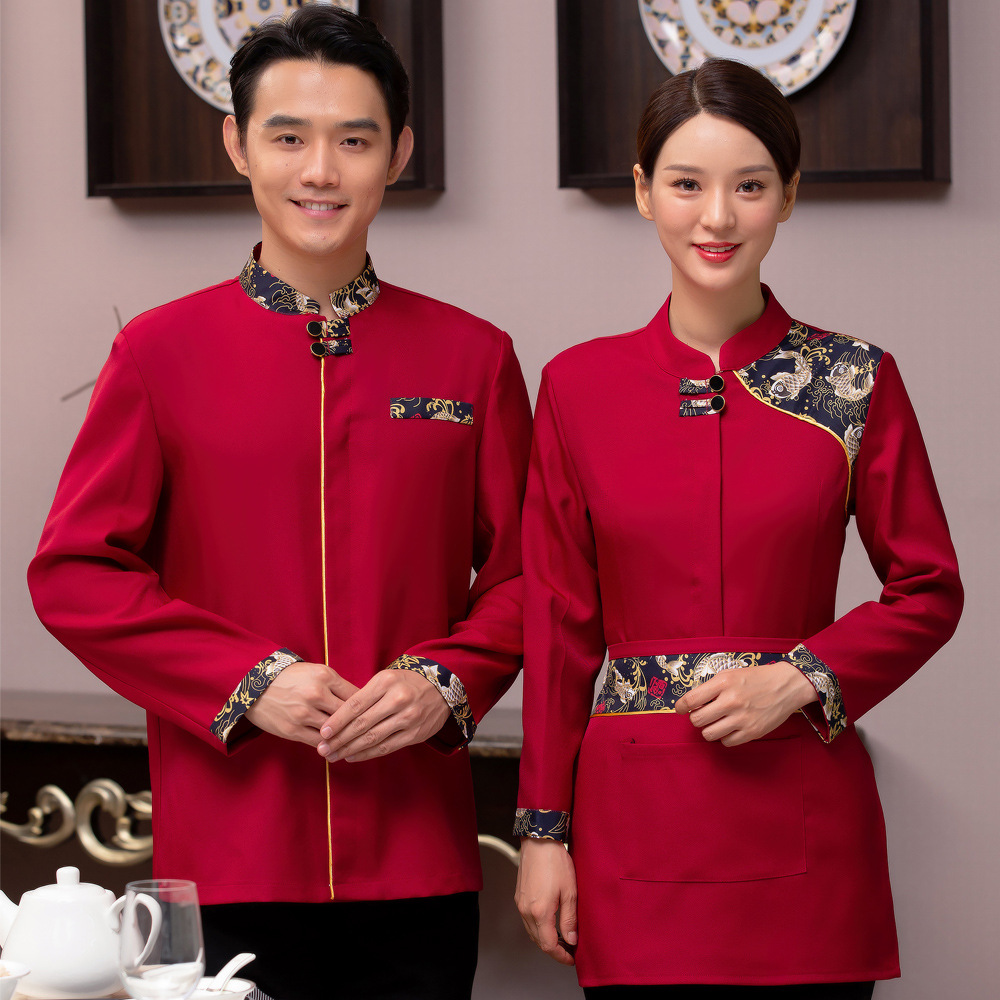 中餐服务员长袖秋冬款风民族绣花款带里衬餐饮饭店火锅工作服