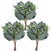 亚马逊跨境人造花 人造桉树叶茎短银元树枝绿化植物花束婚礼装饰