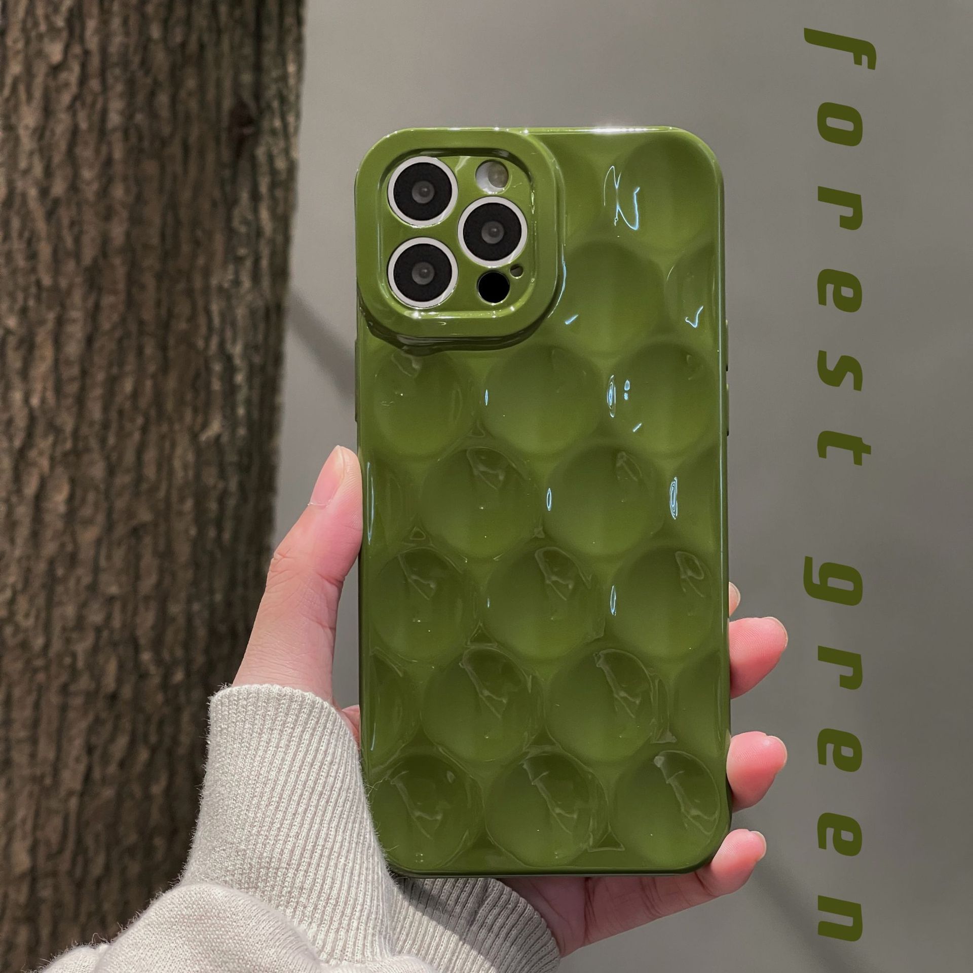 蜂窝纹理iphone13promax手机壳适用苹果14森林绿波浪纹立体军绿软