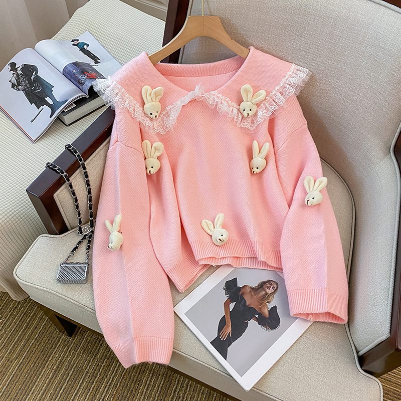 2023 Clear Sweet New Lace Lapel Three-Dimensional Little Bunny Paste Knitted Loose Sweater Women's Pullover