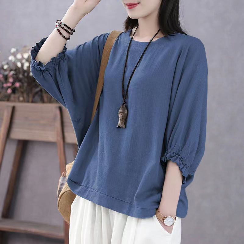 2024 New Batwing Sleeve Loose plus Size Mom's T-shirt Top Summer Tummy Hiding Slimming Short Sleeves Lantern Sleeve