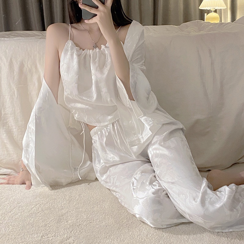 古风三件套睡衣女春夏贡缎提花小吊带长裤长袖薄款网红爆款家居服