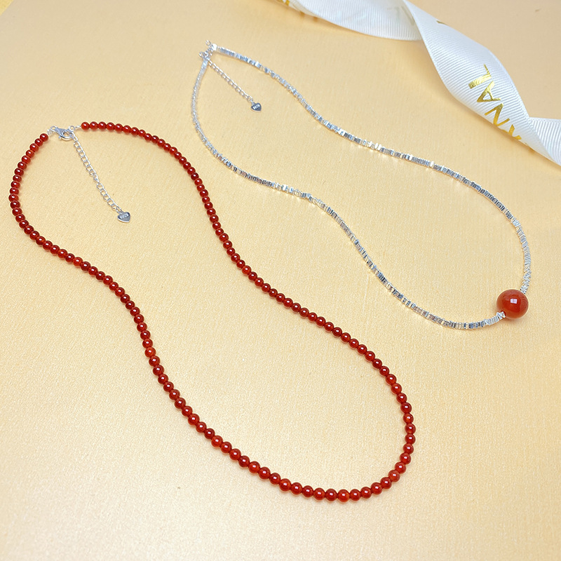 s925纯银新年天然红玛瑙碎银子叠戴过年项链轻奢小众高级颈链女生