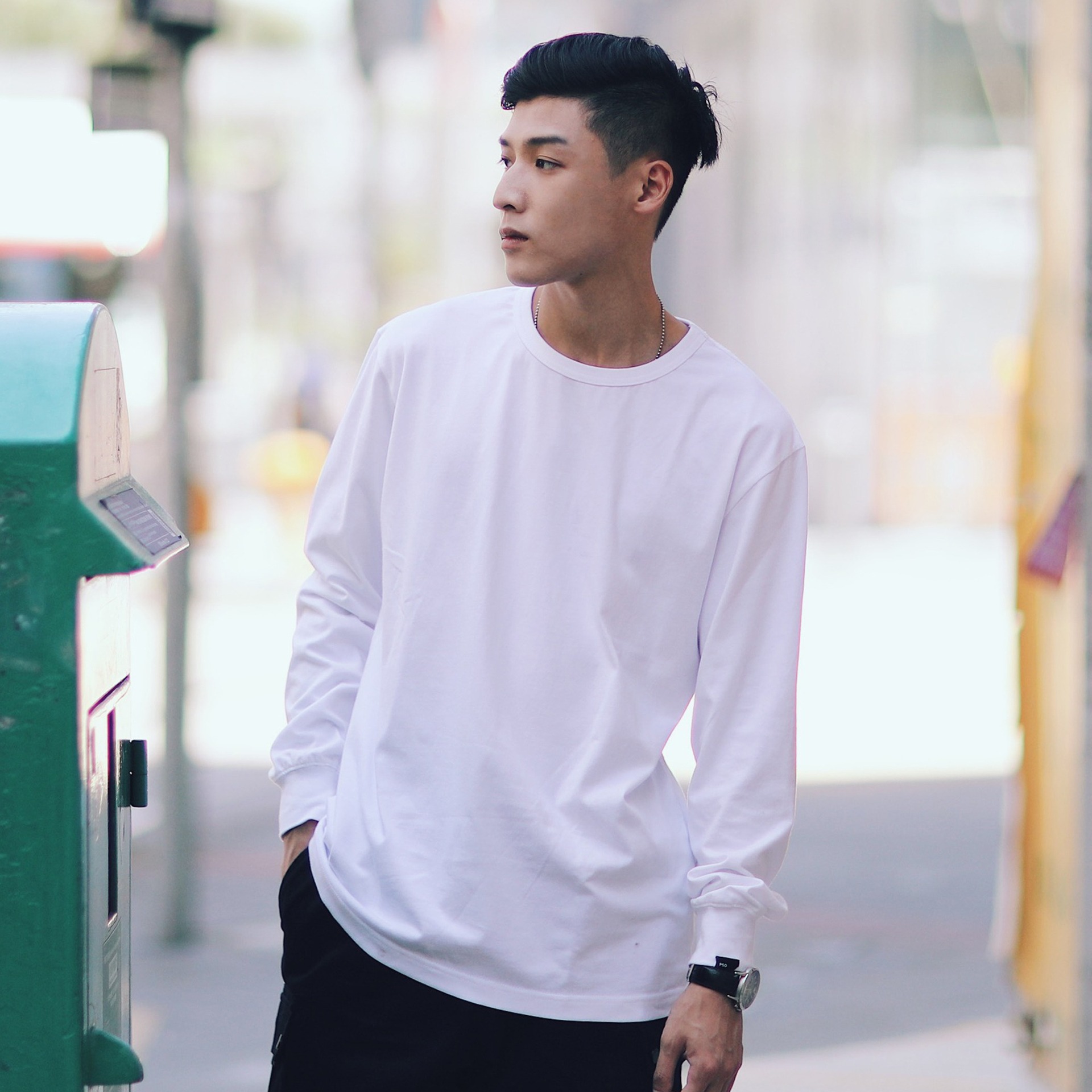 春秋潮牌纯棉白色纯色宽松叠穿打底衫长袖t恤男休闲内搭上衣服白t