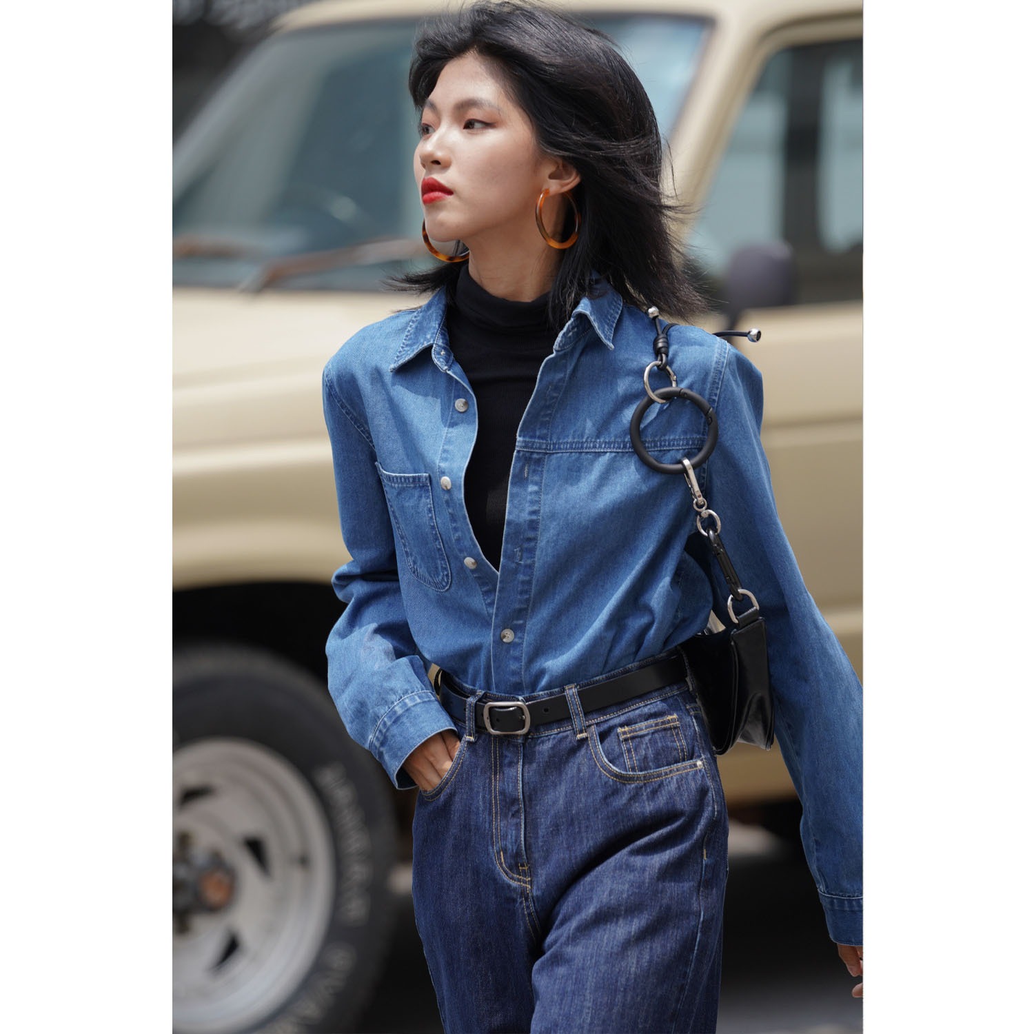 2022牛仔衬衫女秋冬打底上衣设计感长袖内搭衬衣小个子翻领长袖潮