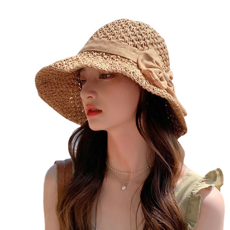 Straw Hat Women's Bow Woven Seaside Fisherman Hat Korean Style Fashionable Face-Covering Sun Hat Internet Celebrity Sun-Proof Sun-Proof Hat