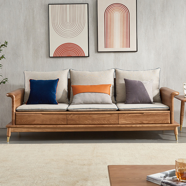 定制白蜡木冬夏两用实木沙发组合原木胡桃木色佛山家具实木沙发