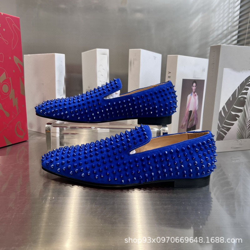 真皮红底鞋低帮铆钉水钻cl男鞋潮流板鞋一脚蹬乐福鞋套脚情侣女鞋