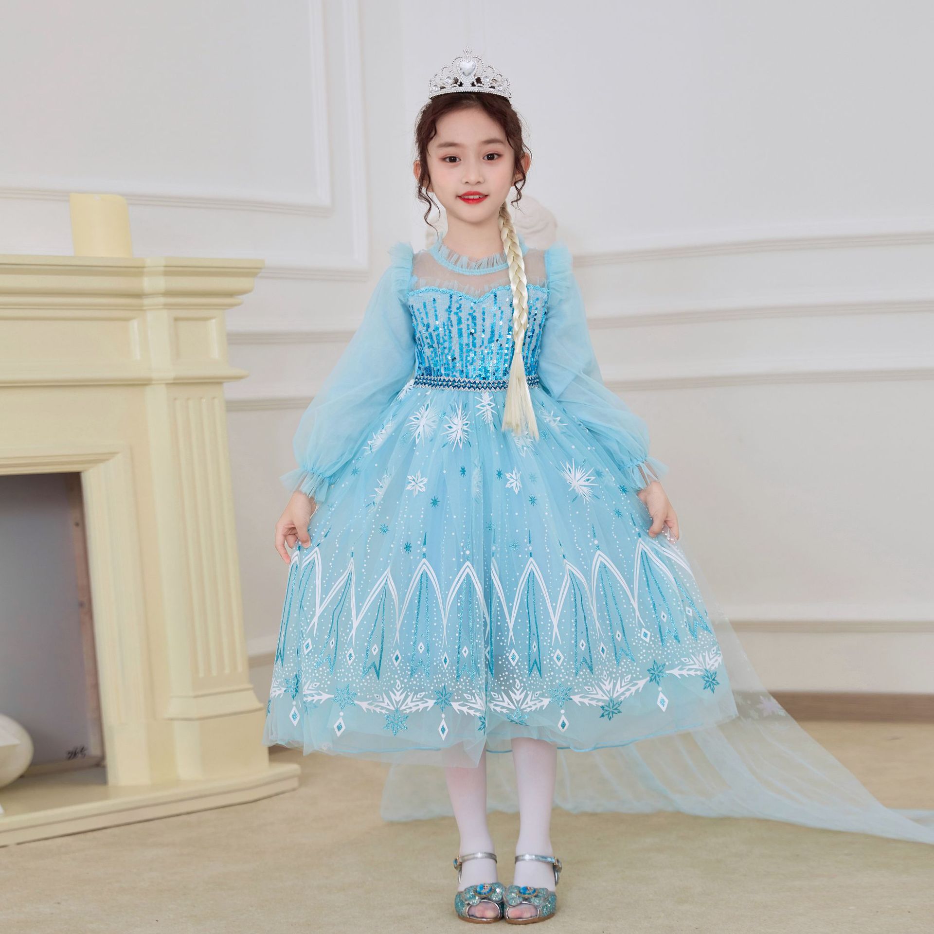 冰雪奇缘艾莎长袖连衣裙 女童爱莎公主裙儿童新款elsa裙子