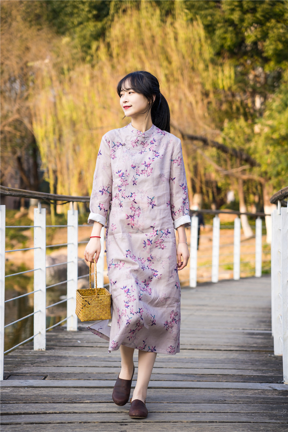 春夏立领中长琵琶襟连衣裙女全开襟印花亚麻显瘦改良旗袍t21115