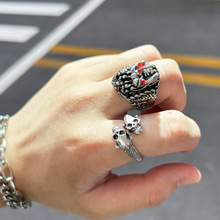 中国风国潮饰品个性嘻哈龙头戒指男生钛钢复古镶红锆石戒指