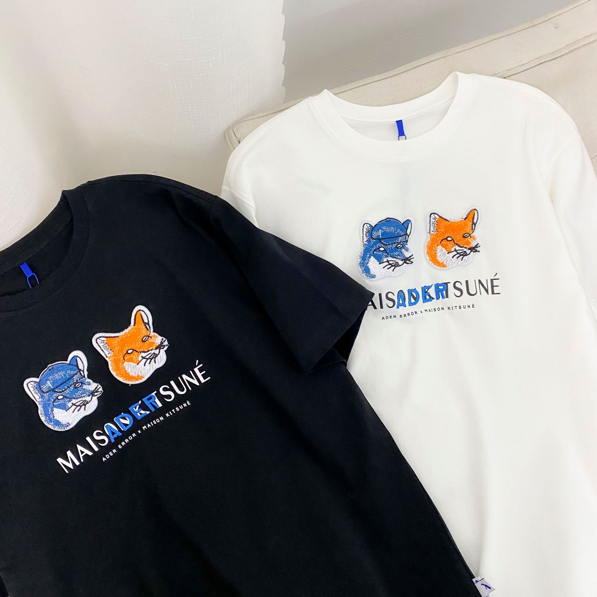 现货韩国潮牌ader联名两只狐狸头短袖 刺绣宽松休闲半袖情侣款t恤