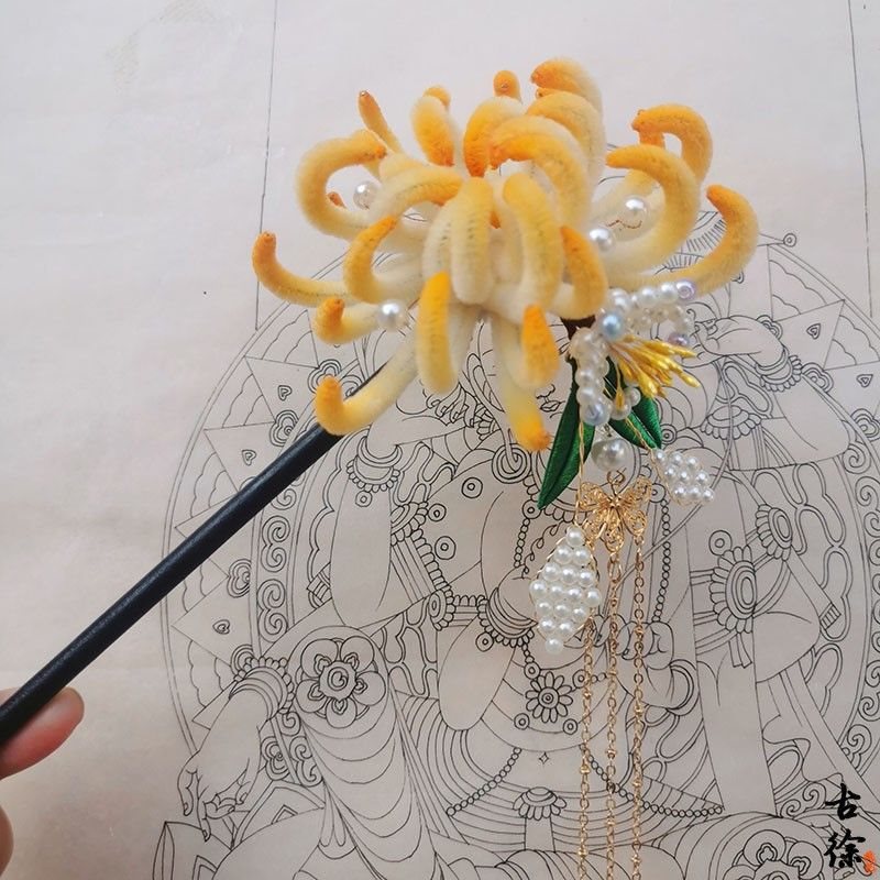 绒花汉服头饰配饰流苏步摇仿南京扬州非遗头饰胸针发簪桃木簪子