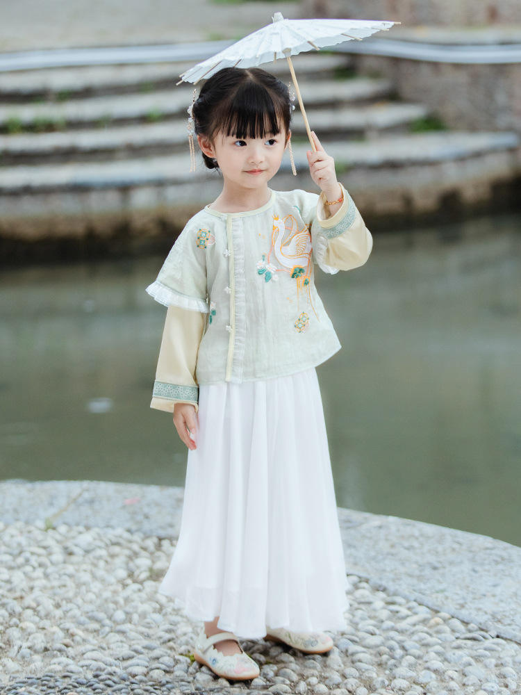 西子问汉服女童中国风古装超仙小公主禅茶服秋季裙子套装薄款清波