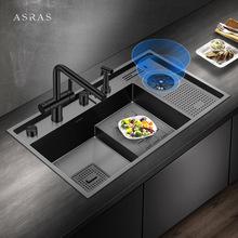 阿萨斯黑色纳米阶梯式水槽洗杯器洗菜盆304不锈钢手工水槽大单槽