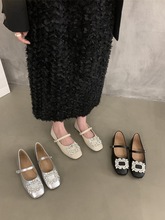 银色玛丽珍鞋女鞋2023年春秋新款水钻方扣软平底仙女风配裙子单鞋