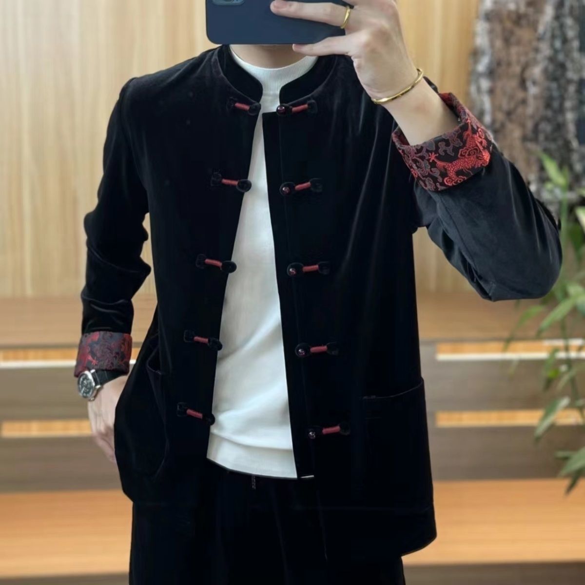 唐装国潮套装(上衣和裤子)复古盘扣挽袖中国男装汉服男民族服装