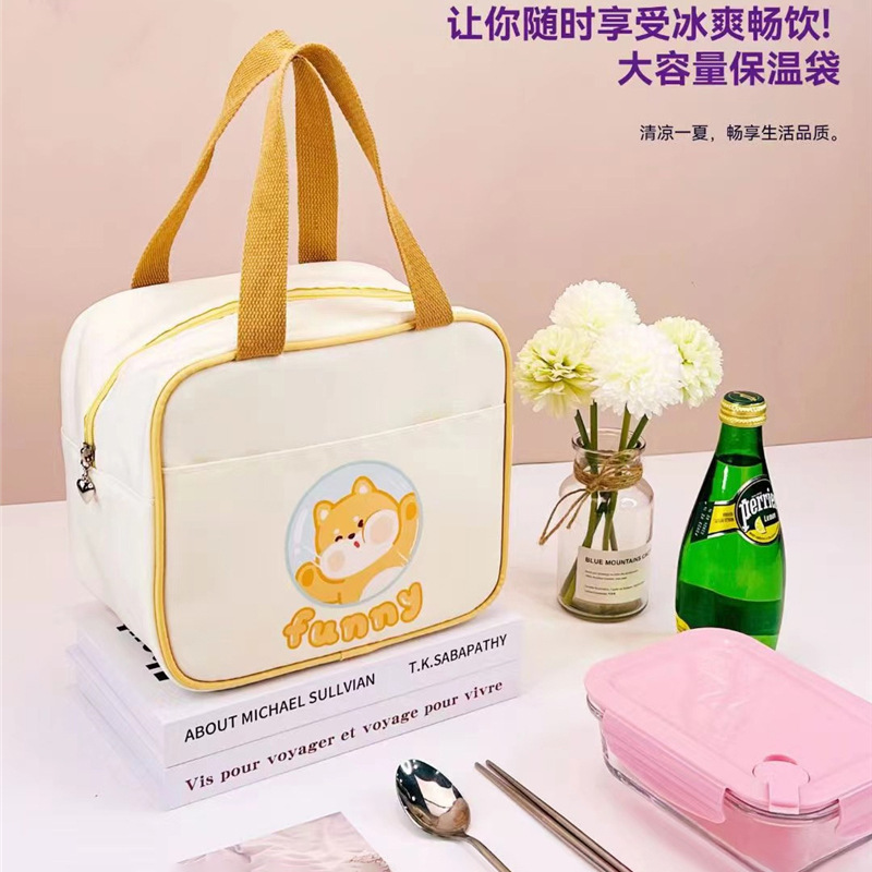 White Collar Office Portable Lunch Bag Square Portable Insulated Bag Large Capacity Lunch Box Bag Cartoon Student Handbag