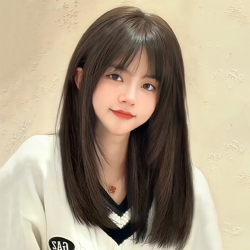 厂家现货假发头套女中长直发内扣锁骨发空气刘海化纤整顶一件代发