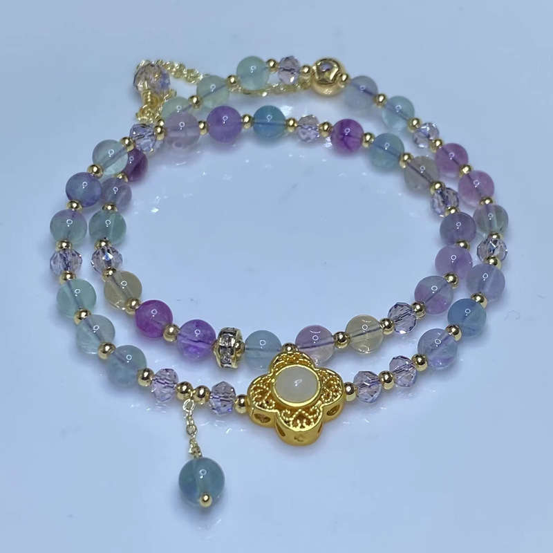 天然水晶珠宝 七彩萤石 女人石 萤石原创设计双圈抽拉式手串手链