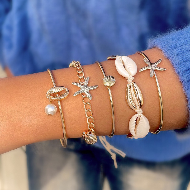 跨境新款 波西米亚度假风贝壳手链 沙滩风海星珍珠叠戴手饰五件套