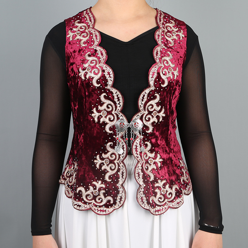 新疆舞蹈服民族马甲女广场舞金丝绒修身坎肩舞台演出维吾尔族马夹