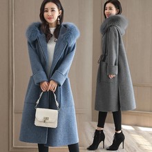 2022秋冬新品跨境加厚毛呢女外套长款亚马逊收腰连帽毛领大衣