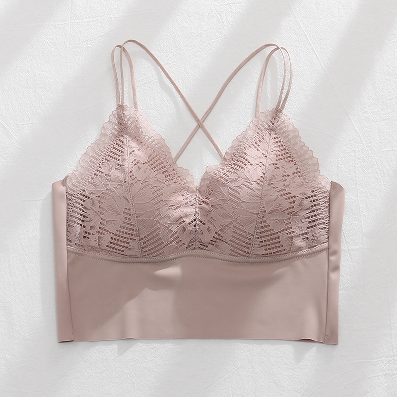 早春新款法式冰丝内衣女交叉背心式文胸无钢圈乳胶打底美背裹胸夏