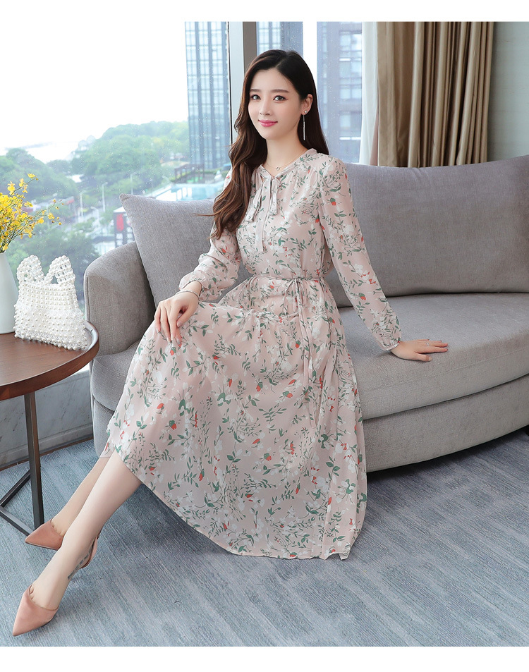 碎花温柔系带雪纺连衣裙职业气质通勤中长裙中腰印花优雅长袖裙子