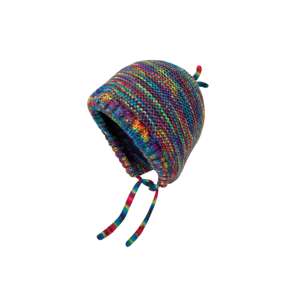 日系小众撞色彩虹毛线帽子女秋冬季绑带保暖护耳显脸小复古针织帽