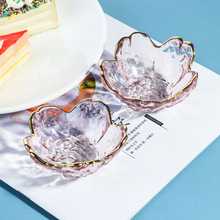 日式粉色玻璃蘸料碟子迷你家用调味碟醋碟花瓣碗套装玻璃餐具批发