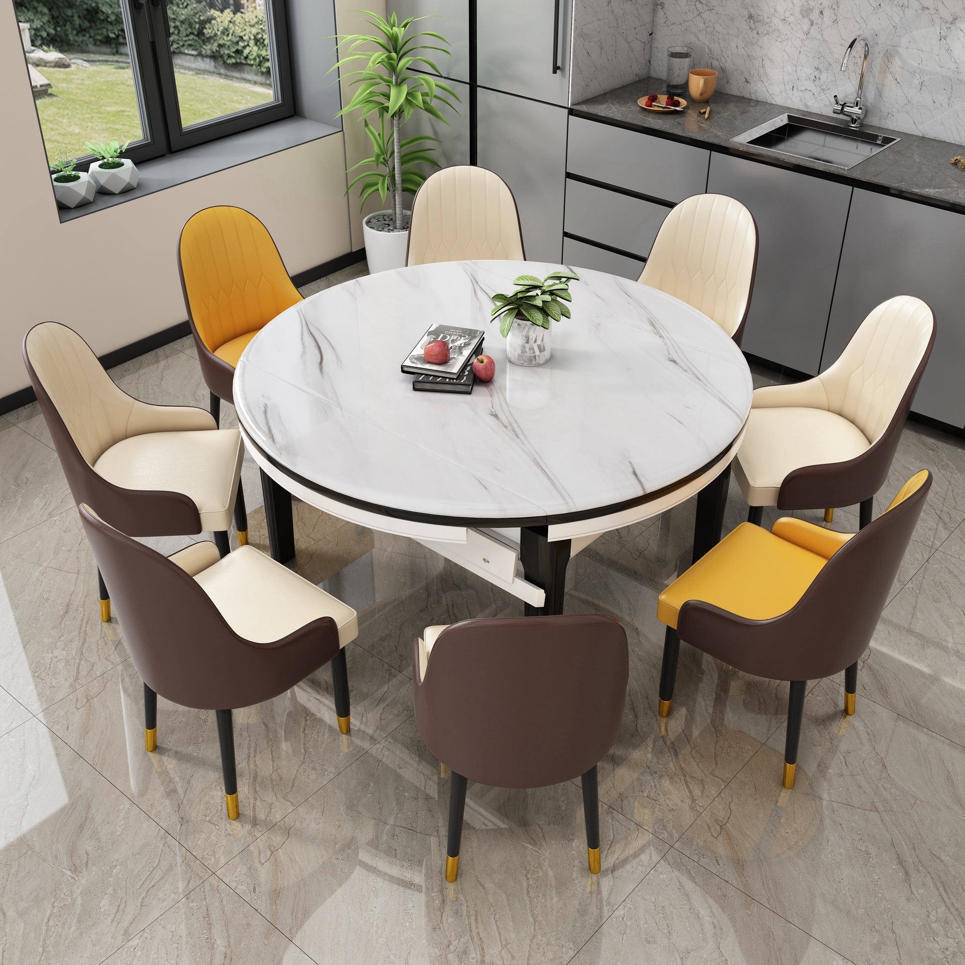 大理石餐桌家用小户型玻钢石面伸缩吃饭桌简约实木折叠餐桌椅组合