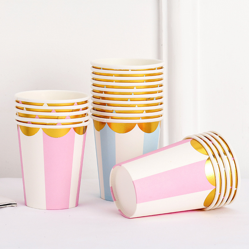 Cross-Border Paper Cup Factory Wholesale 9 Oz 250ml Gilding Printing Stripe Thickening Paper Cup Disposable Cup