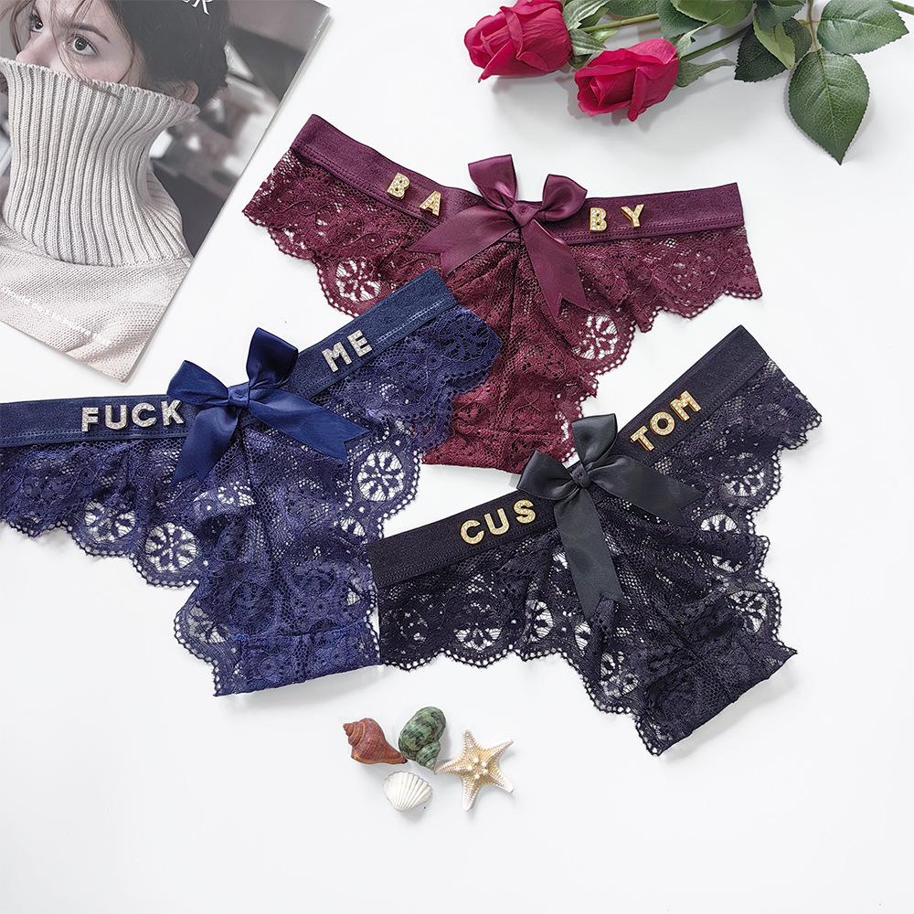 欧美外贸性感情趣内衣 蕾丝透明蝴蝶结内裤三角裤t裤 diy水钻字母