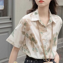 港风复古花衬衫女夏季新款韩版宽松领感短袖洋气减龄小衫一件批发