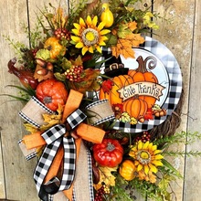 跨境独立站南瓜花环Buffalo Lattice Pumpkin Sunflower Wreath