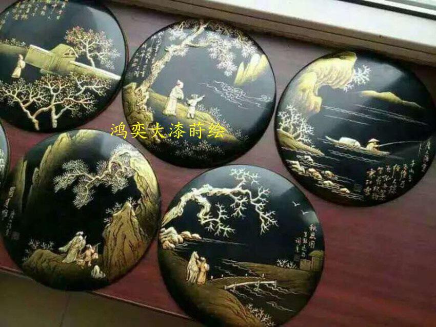 大漆莳绘工艺漆器杯垫木质漆艺礼品摆件老树漆创意手工漆画茶点盘